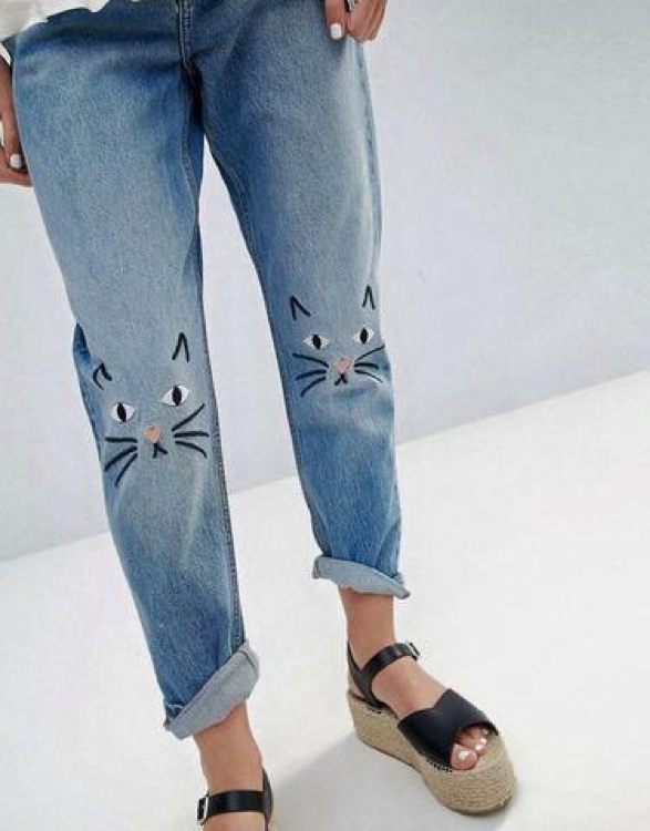 cats stiched on denim jeanss