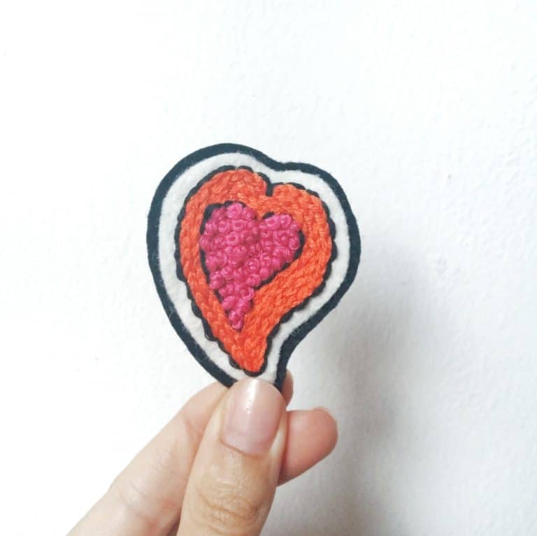 free hand embroidered orange heart patch pattern