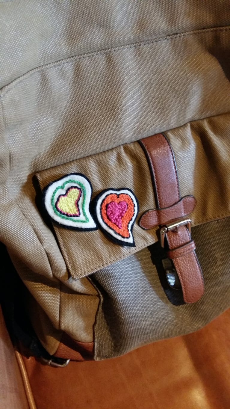 heart patches on backbag