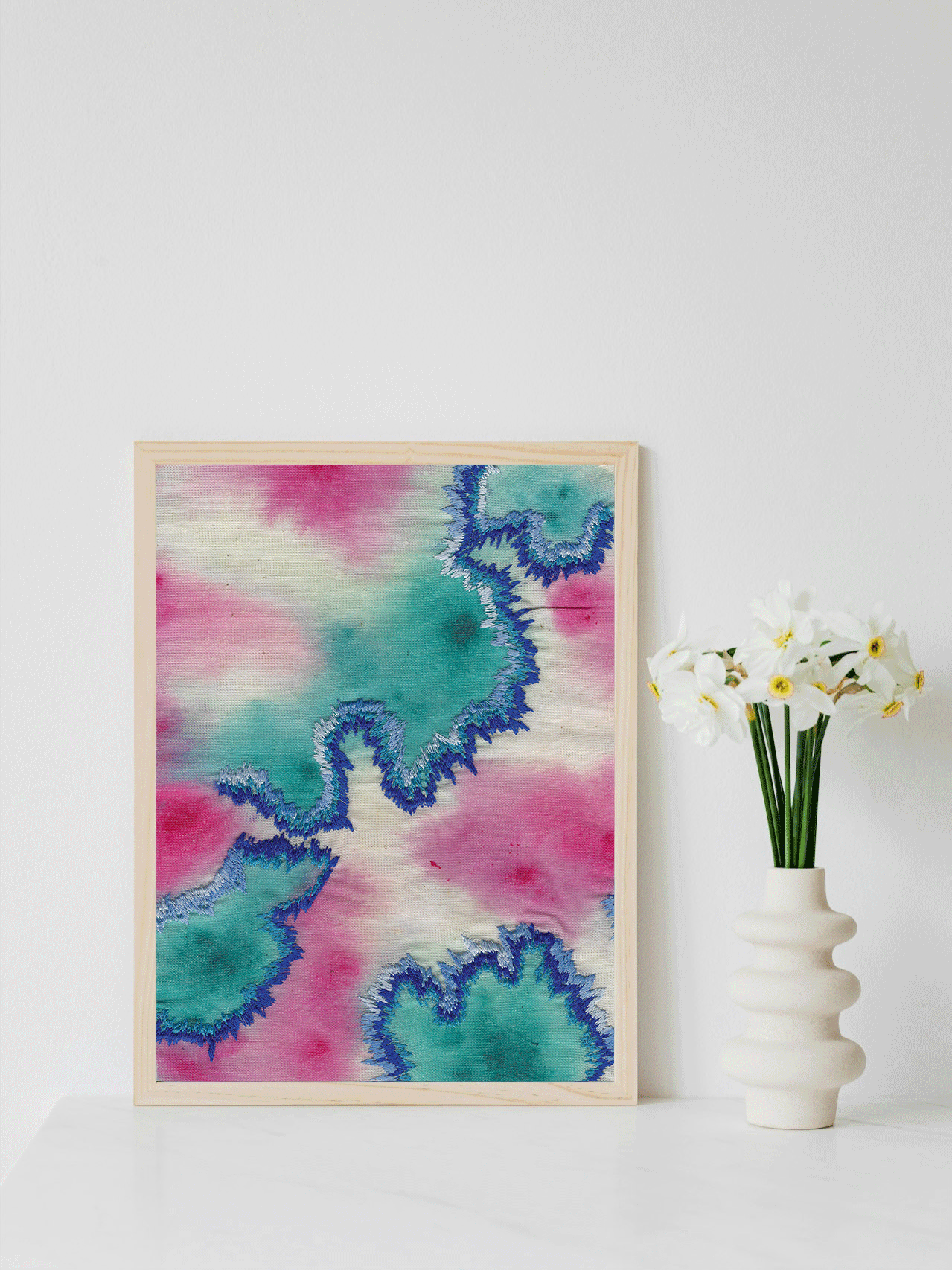 Making Waves art print featuring blue and pink painting and embroidery on raw cotton, printed on Hahnemühle Photo Rag paper."