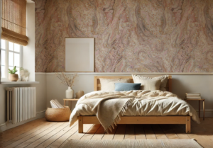 bedroom with marble wallpaper in natural stone colors