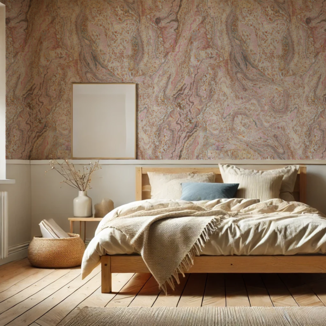 bedroom with marble wallpaper in natural stone colors