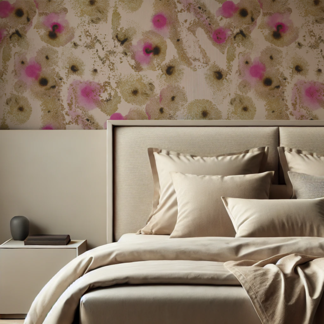 calm bedroom with a pink and gold textured painted wallpaper