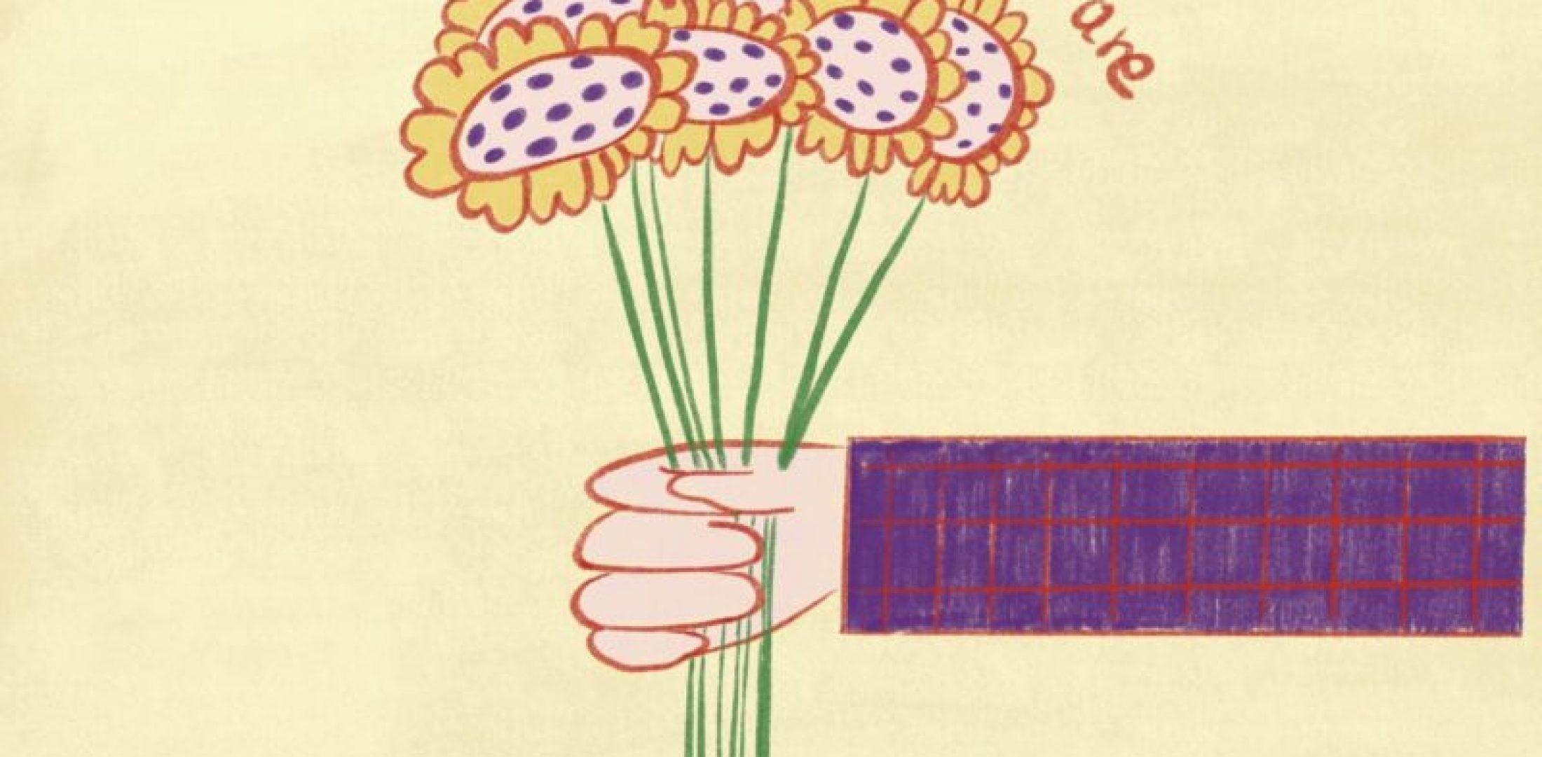 Illustration of hand holding flowers, flower bouquet